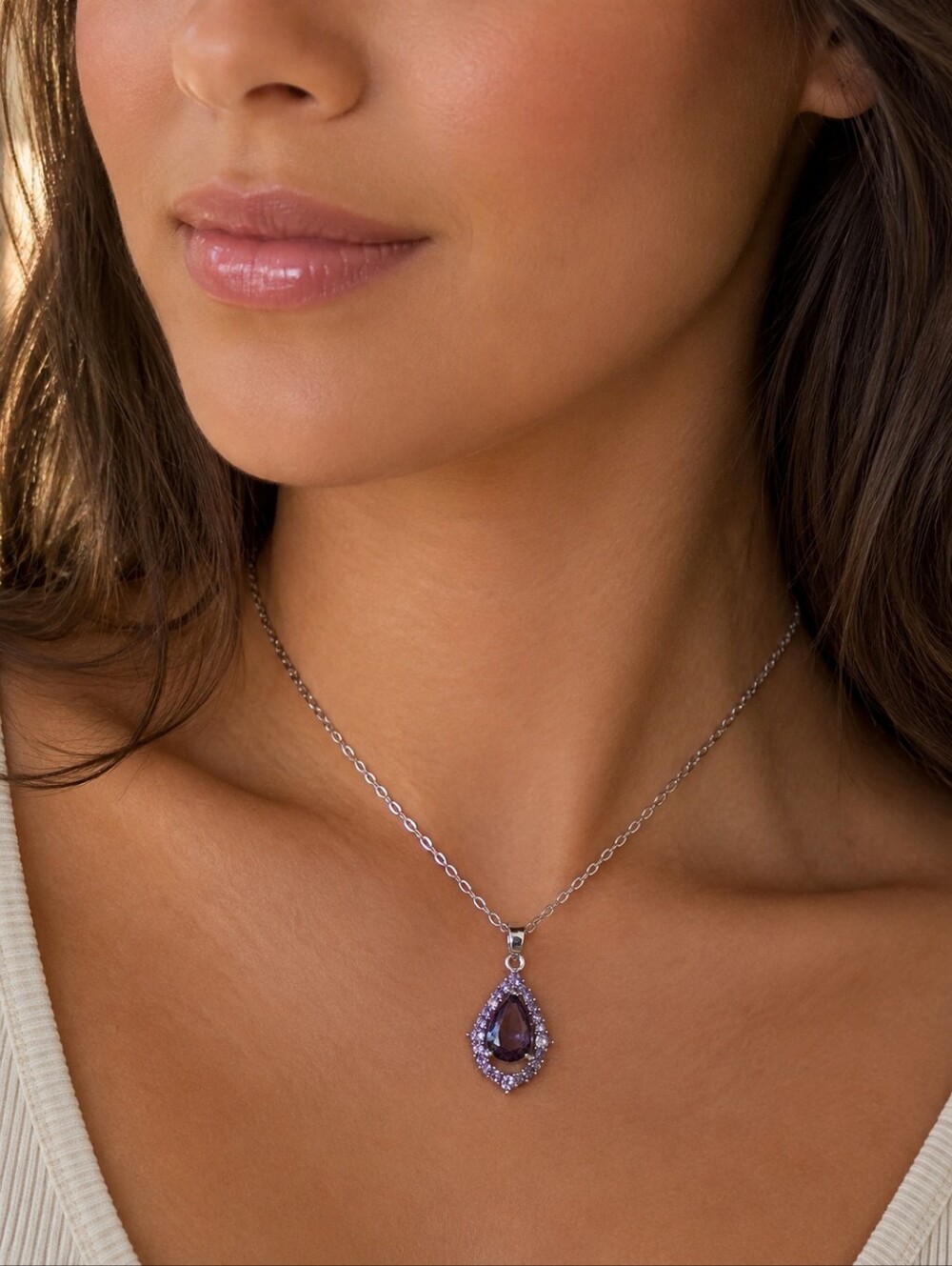 Amethyst Purple Crystal Teardrop Halo Pendant Charm On Silver Necklace Chain
